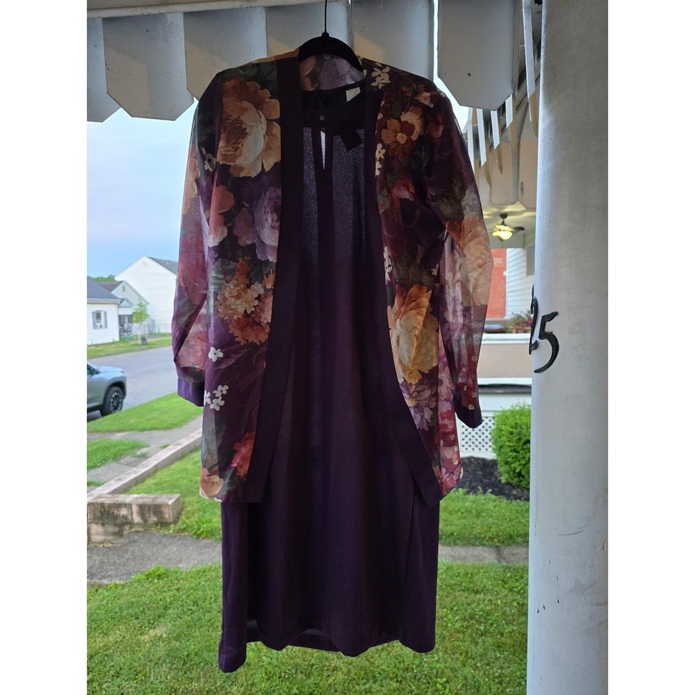 Vintage 80's Haband! Purple Floral Open Sheer Cardigan & Matching Dress Sz 12